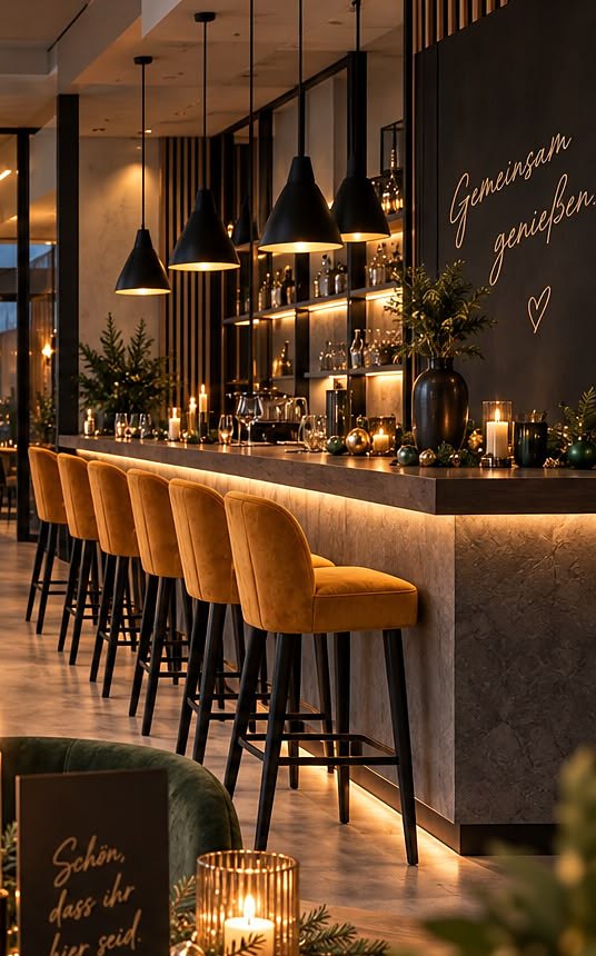 Die Bar mit Hockern in Senfgelb